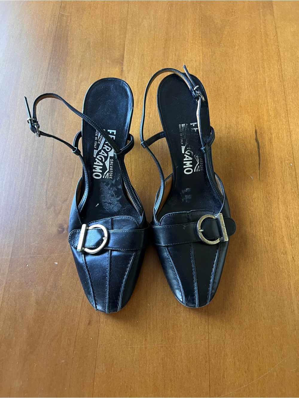 Salvatore Ferragamo Black Leather Slingback Pumps with Gold Buckle